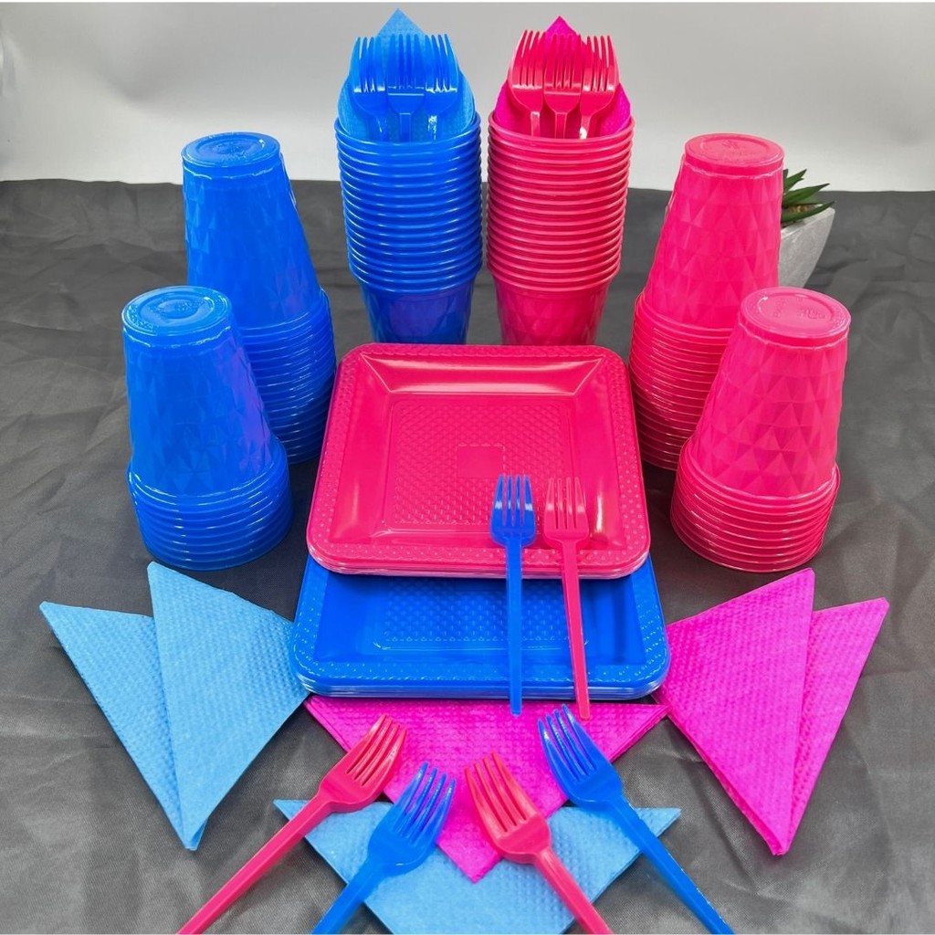 Kit 180 Itens Festa Aniversário Completo Descartável Prato Copo Garfo Guardanapo Azul Rosa Pink P/40