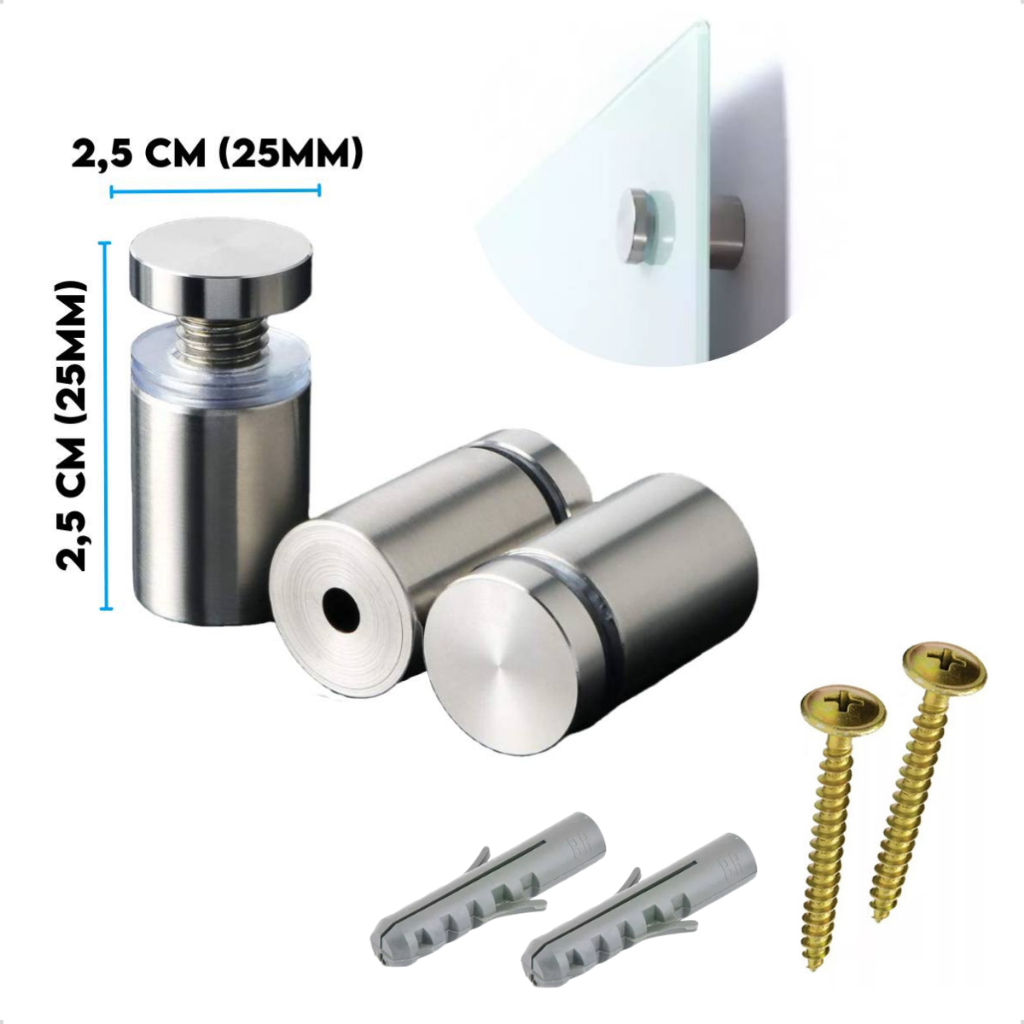 Kit 2 Prolongador Aço Inox 25x25mm Escovado Com Parafusos e Buchas Fixação Vidro Acrílico Painel