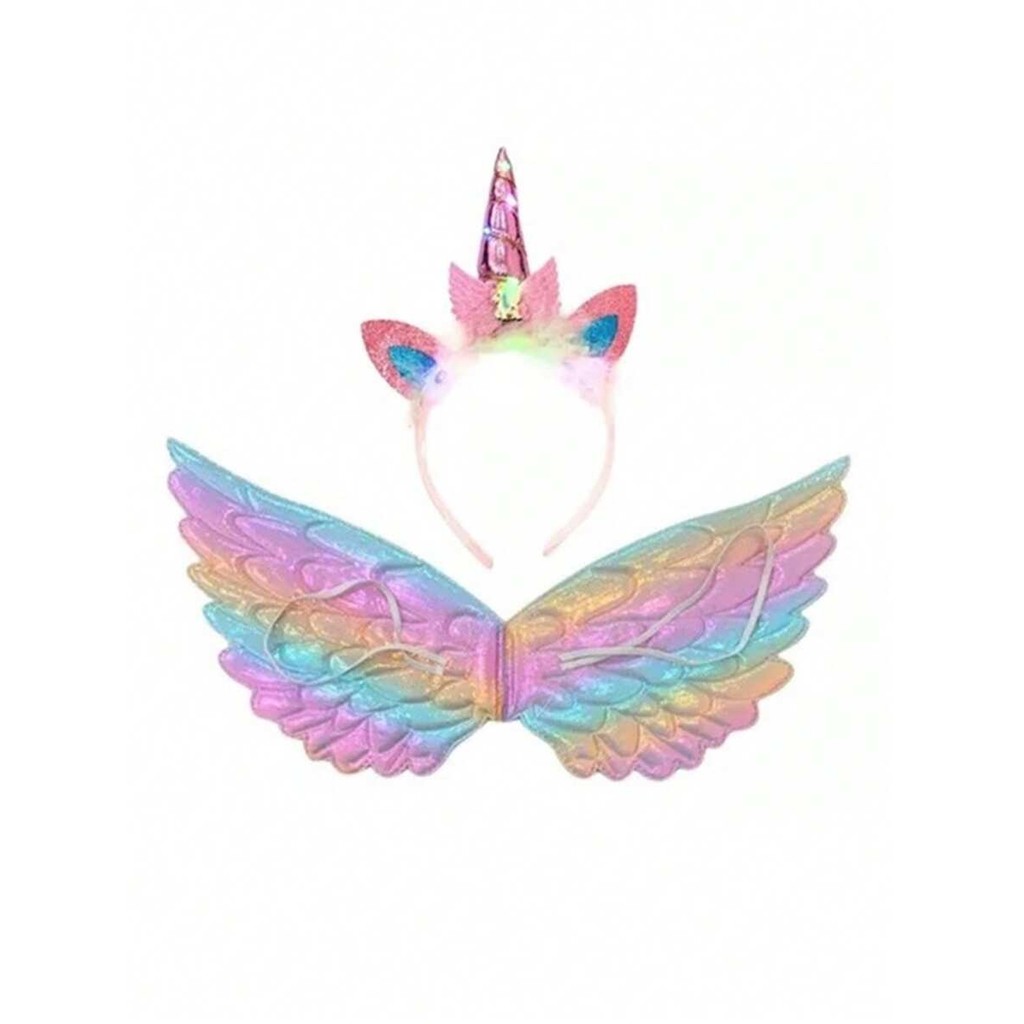 Kit Acessórios Para Fantasia Infantil  Tiara com Led E Asa Unicórnio Colorido Criança Festa Fantasia