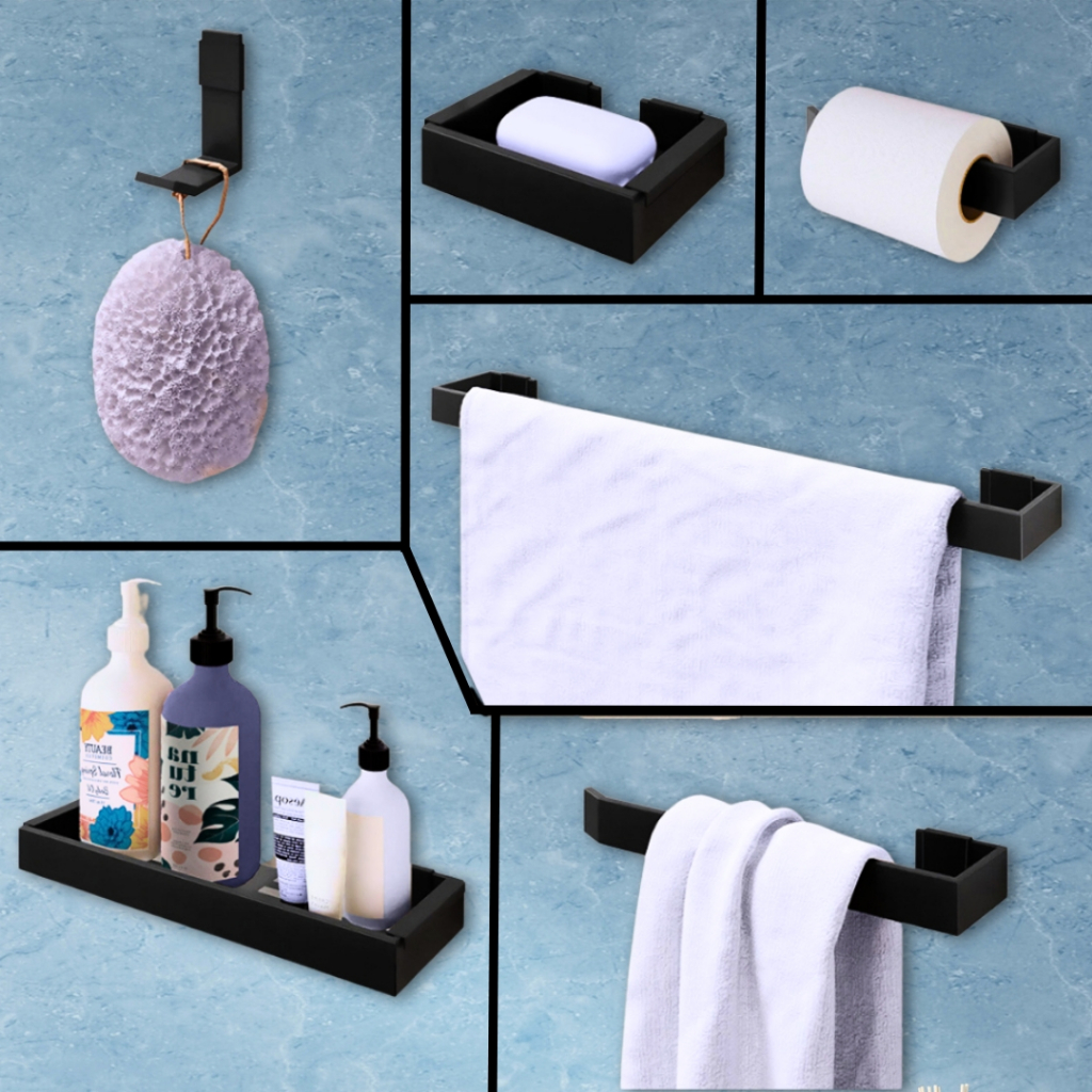 Acessórios Para Banheiro Kit c/ 6 Peças – Alumínio Espacial Porta Shampoo Toalha Sabonete – Mazzal