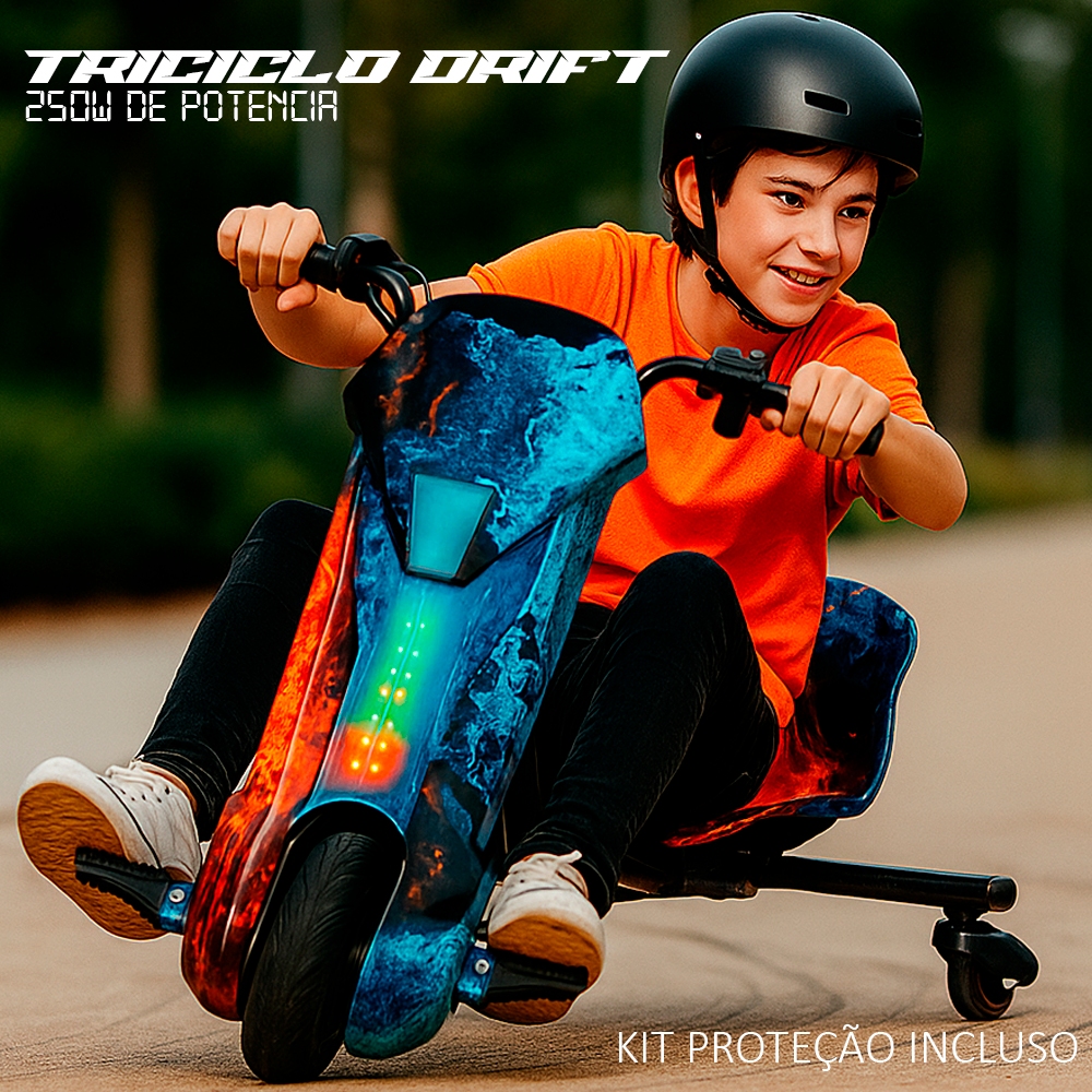 Triciclo Infantil Elétrico Drift  Oficial 6,5 Poleg. Com Luz LED e Bluetooth MP3