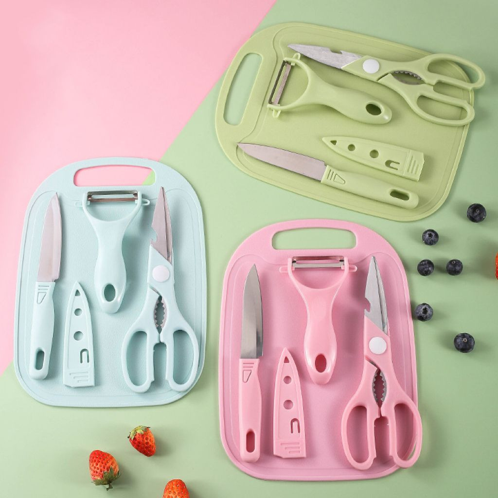 Kit de Utensílios de Cozinha 5 Peças – Faca Tesoura Descascador Tábua Culinária  Inox