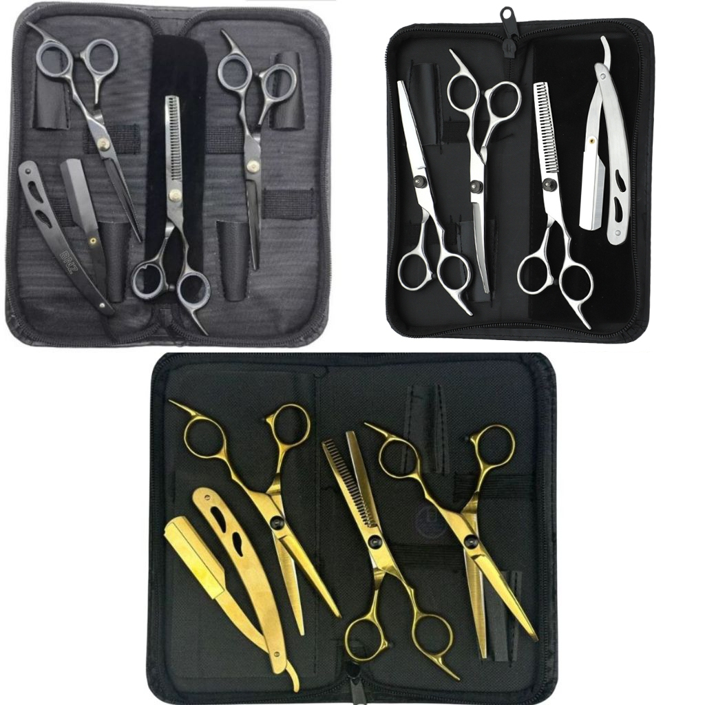 Kit 4 Tesouras Fio Navalha Desfiadeira Profissionais Para Cabeleireiro/Barbeiro