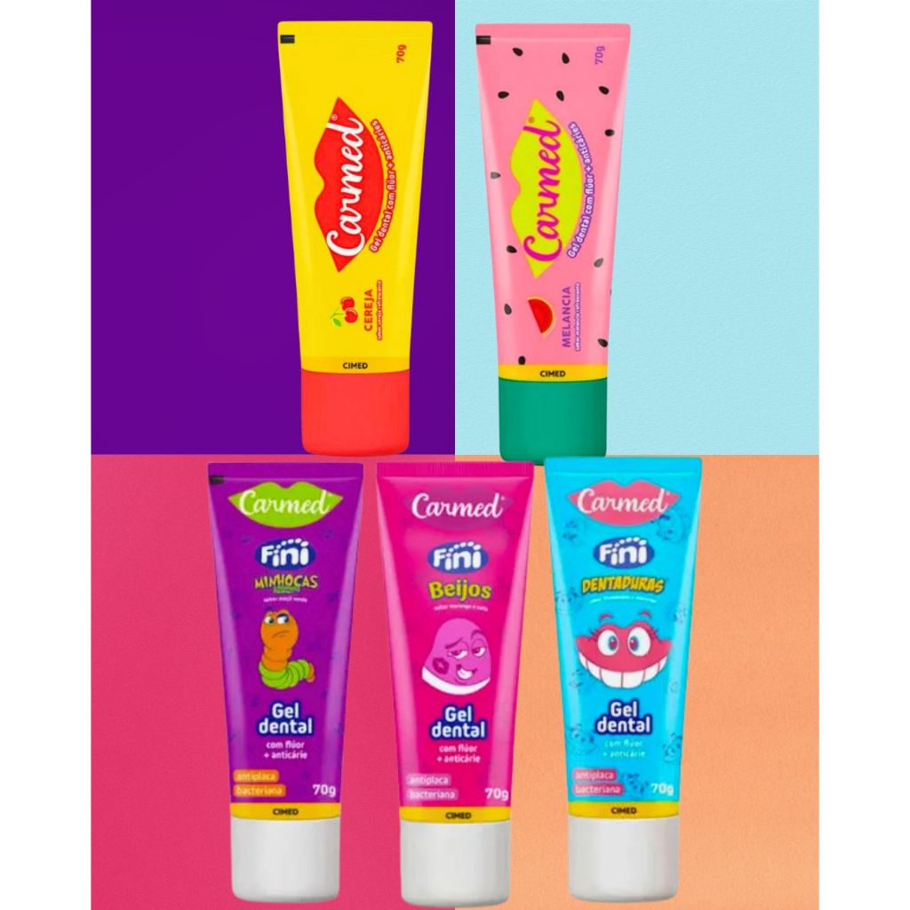 Pasta de Dente Carmed 70g Creme Dental Infantil Melancia Cereja Beijos Dentaduras Minhocas