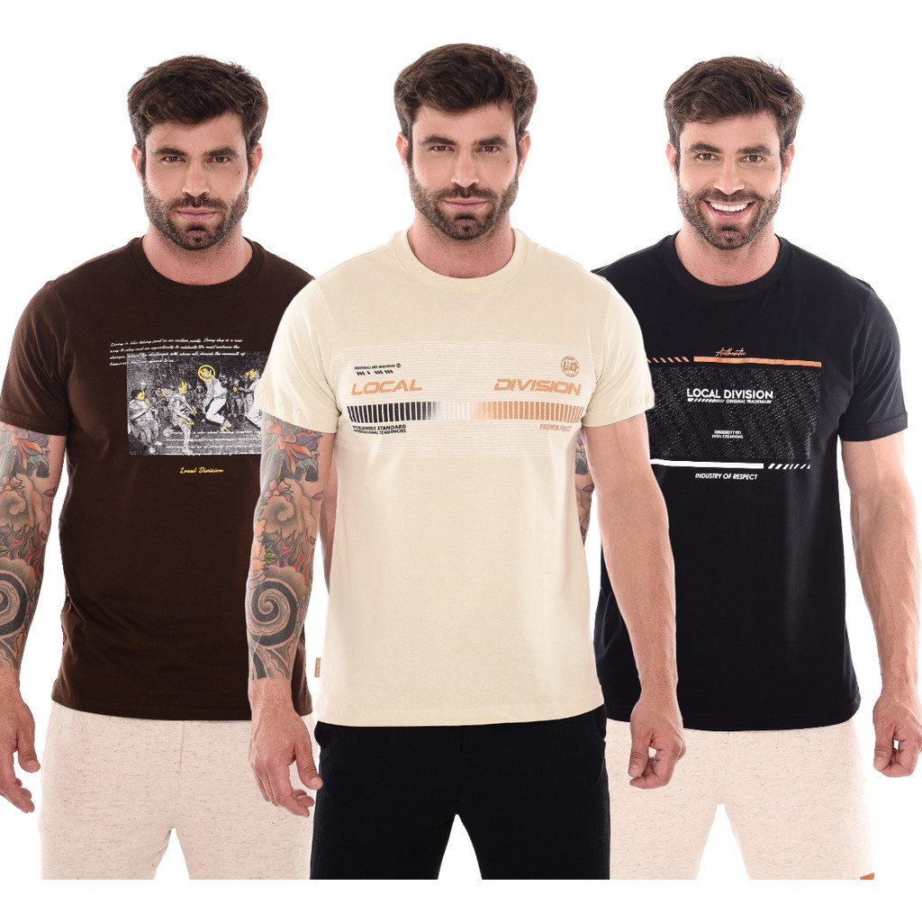 Kit 3 Camisetas Algodão Estampada Masculina
