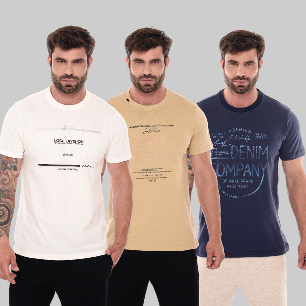 Kit 3 Camisetas Algodão Estampada Diferenciada Masculina