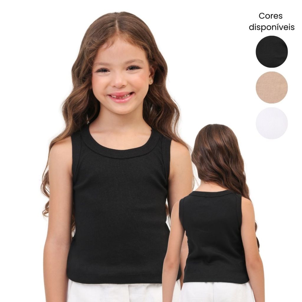 Blusa Regata Infantil Juvenil Menina Canelada Alça Grossa Básica Verão Cores Neutras