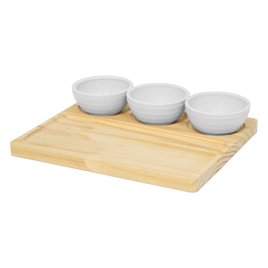 Tábua Petisqueira Retangular de Madeira Com 3 Ramequins Brancos Porta Molhos