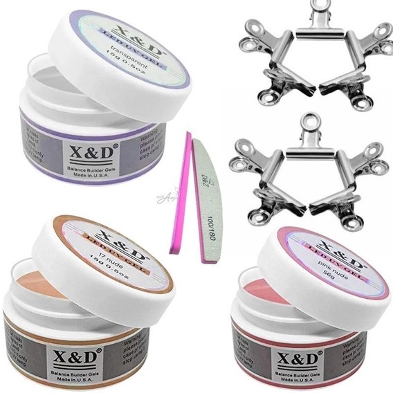 Kit 3 Gel XED Unhas + 6 Presilhas Cores Pink Nude,