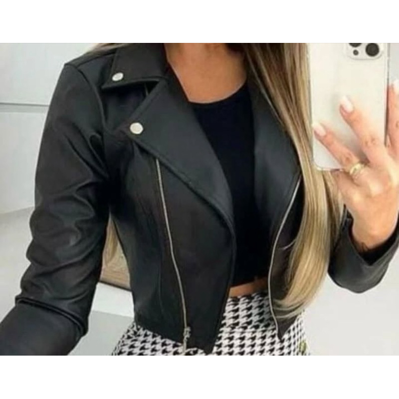 Jaqueta Feminina Couro Alta qualidade com Ziper e Botões Elegante e Sofisticado Moda Inverno 2026 Es