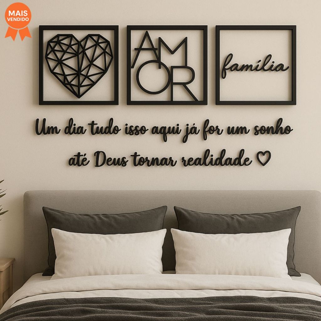 Kit 3 Quadros Cabeceira Família Coração Geométrico Amor + Frase de Parede Variados Sala + 2 Mini apl