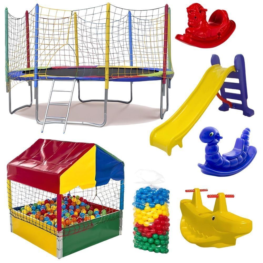 Kit Pula Pula 3,05m + Piscina De Bolinhas 1m + 500 Bolinhas + Escorrega Médio + 2 Gangorra 1l + 1 G2