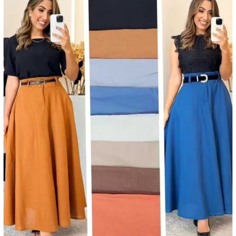 Saia Longa Rodada Feminina Alfaiataria Moda Evangélica Casual Básica Inverno Cintura Alta Elegante T