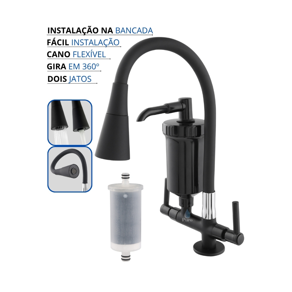Torneira com Filtro Gourmet Flexível Cozinha Bancada Preta All black c/ Ducha Dois Jatos 1/4 de Volt