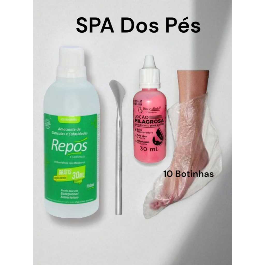 Kit SPA dos Pés | Repôs 150ml + Loção Milagrosa + Espátula 222 Inox + 10 Botinhas | Calosidade E Hid