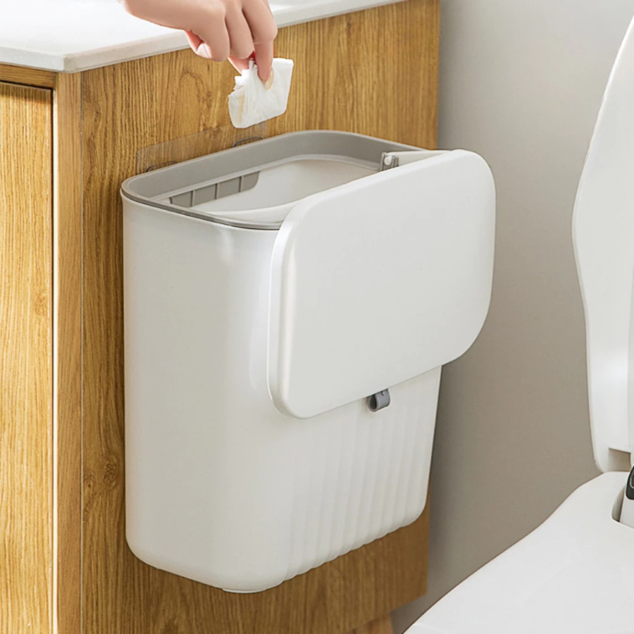 Lixeira Suspensa 9 Litros Com Tampa E Suporte Alto De Adesivos Para Cozinha e Banheiro