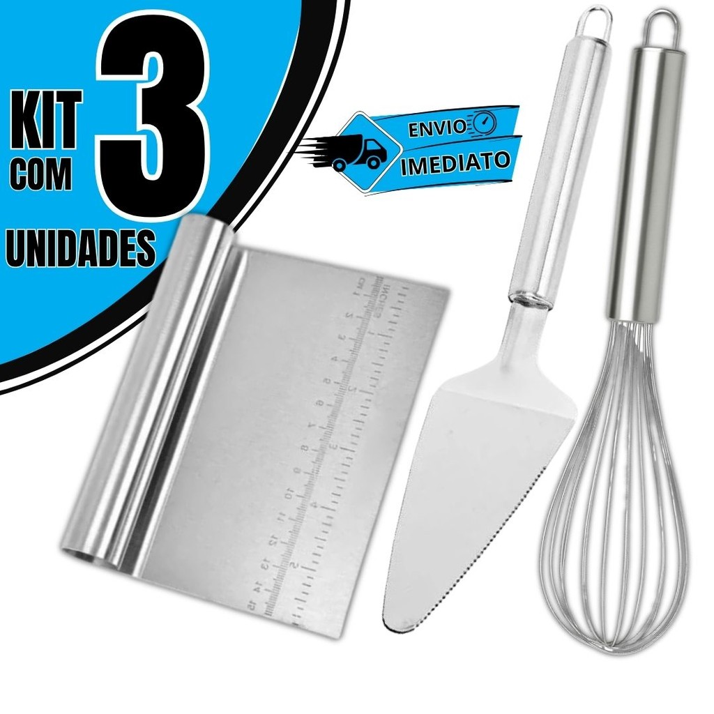 Kit Confeiteiro 3 Peças: Fouet Inox + Espátula Bolo + Raspador Cortador de Massa Cozinha