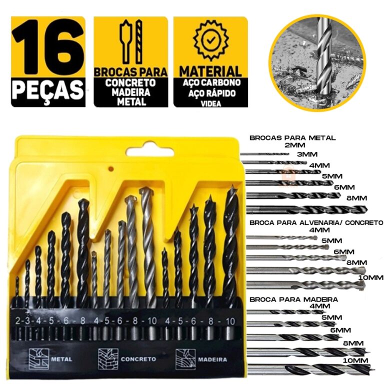 Kit Jogo De Brocas Estojo 16 Peças Madeira Metal 