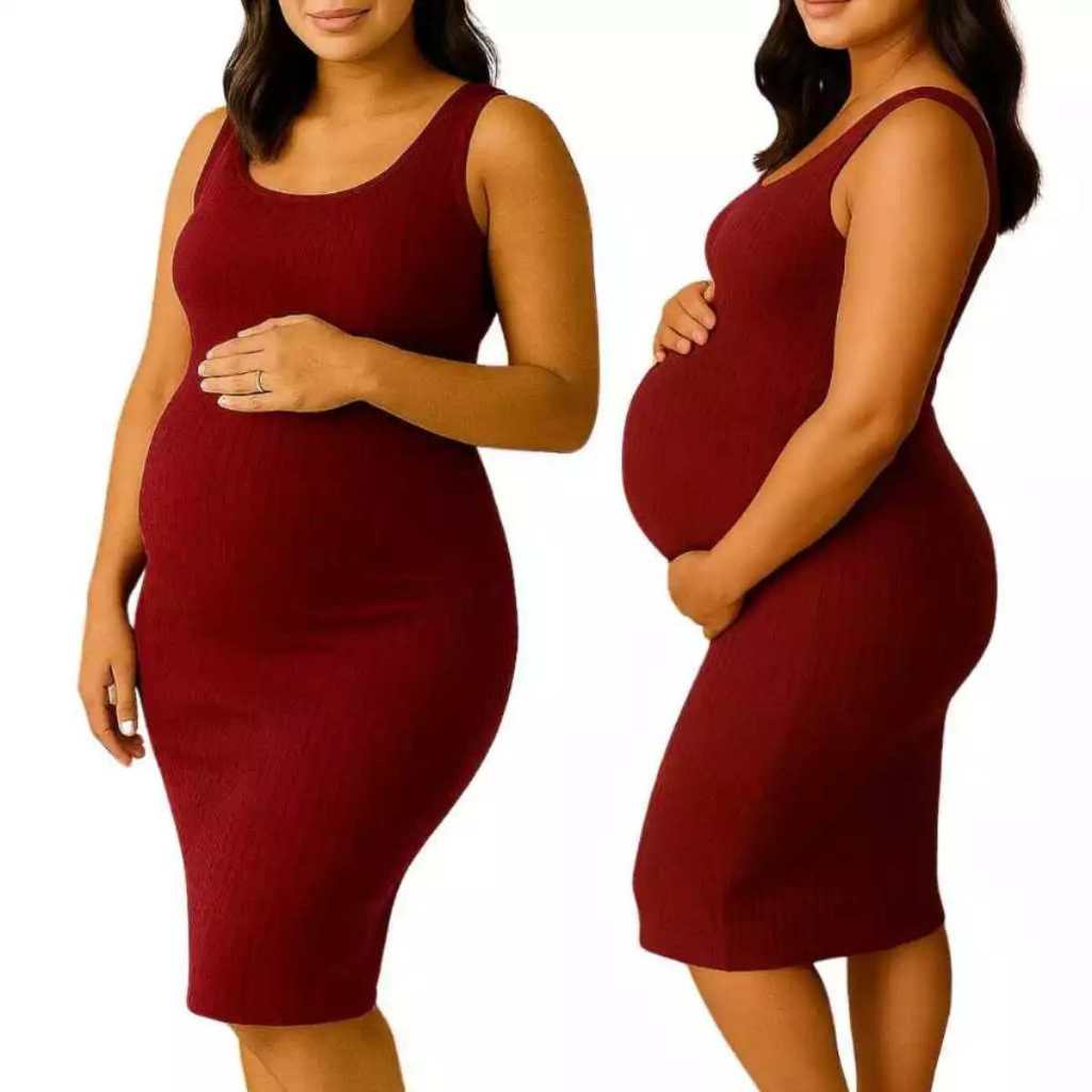 Vestido feminino regata Para gestante Midi canelado ribana.