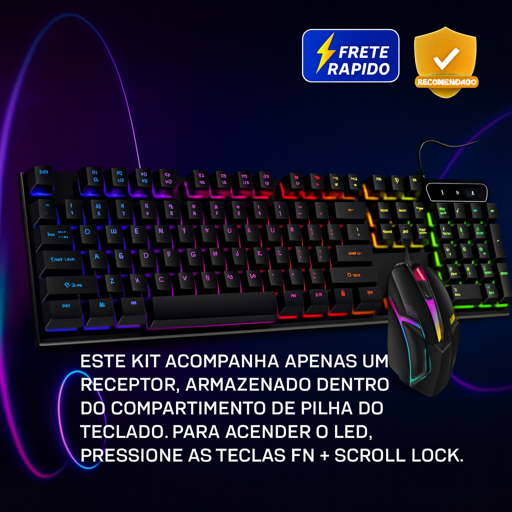 Teclado e Mouse Kit Gamer semi mecanico RGB LED USB ABNT2 Profissional para PC Notebook