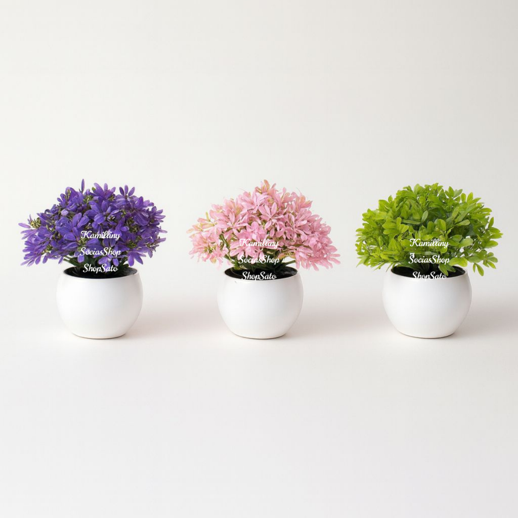 Arranjo Vasinho com Musgo Redondo + Mini Bonsai Colorido Artificial Bola , Decoração Casa Escritório