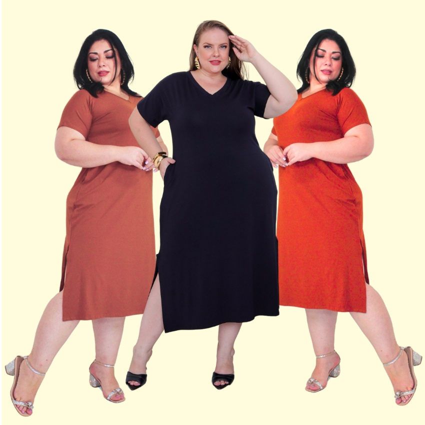 Kit Vestido Plus size Midi Longo Liso Viscolycra Gola V Fendas Laterais Moda Evangélica Vest 42ao56