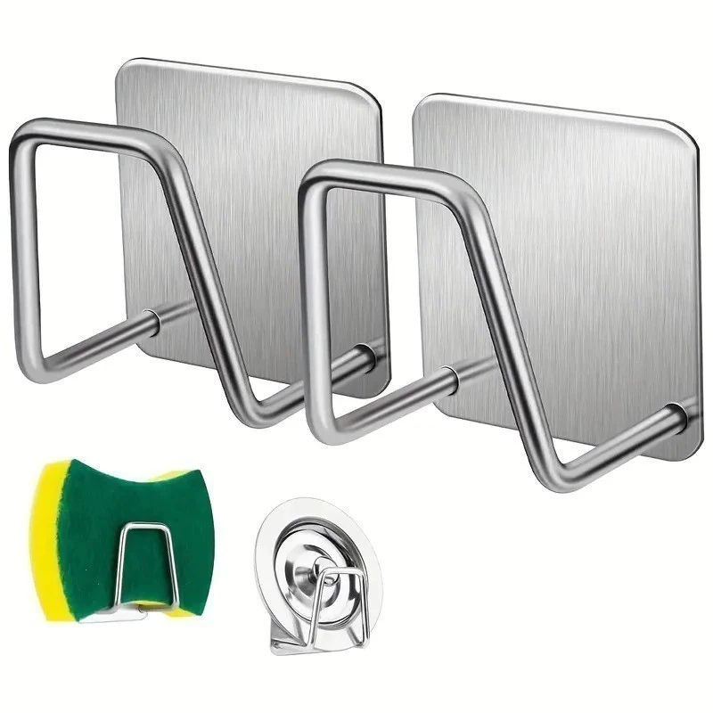Aço Inoxidável Gancho Adesivo Multifuncional Suporte Porta Esponja para Bucha de Pia, Parede e Banhe