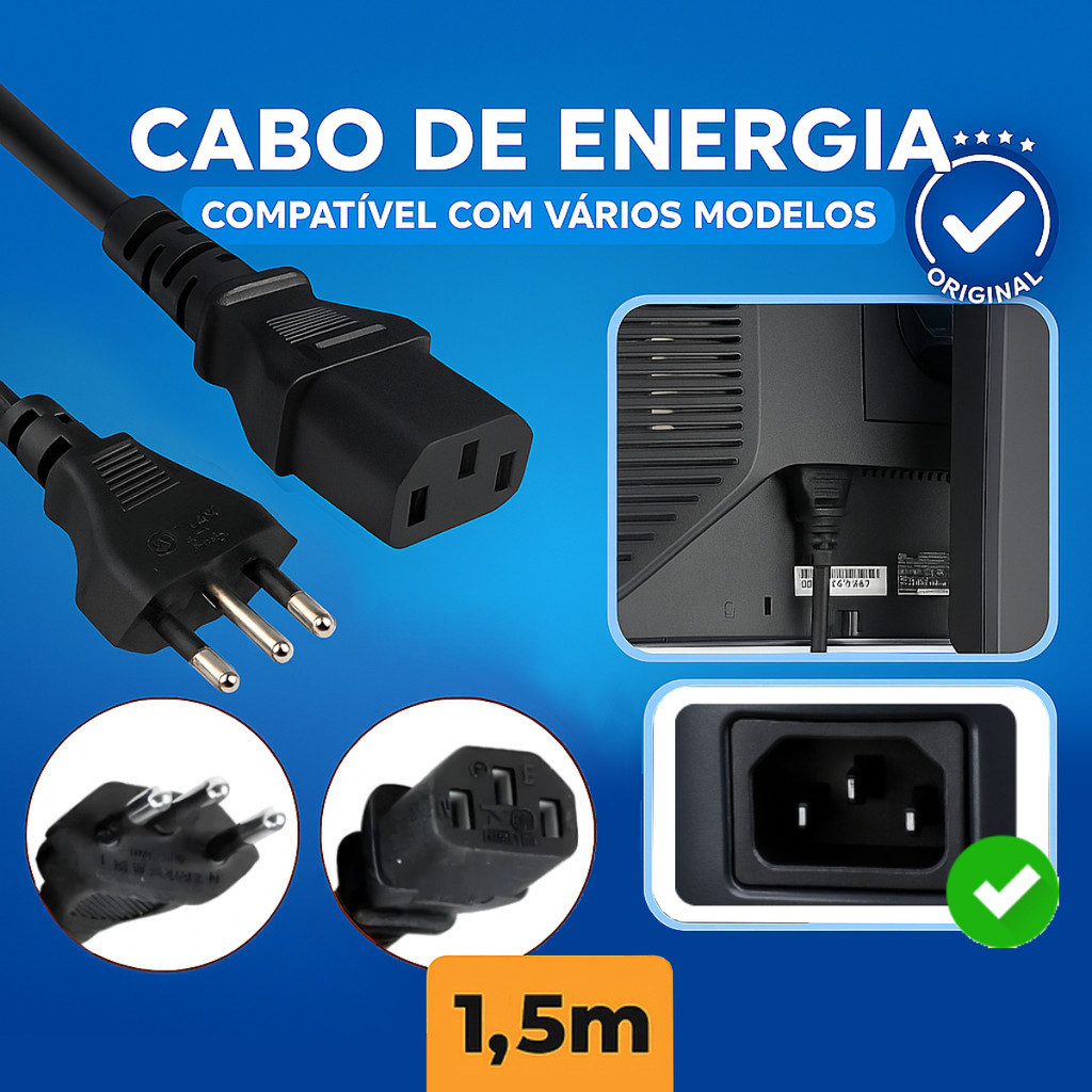 Cabo de Energia Tripolar 1,5M para Monitor Dell LG Samsung e Diversos Modelos – Consulte o Seu