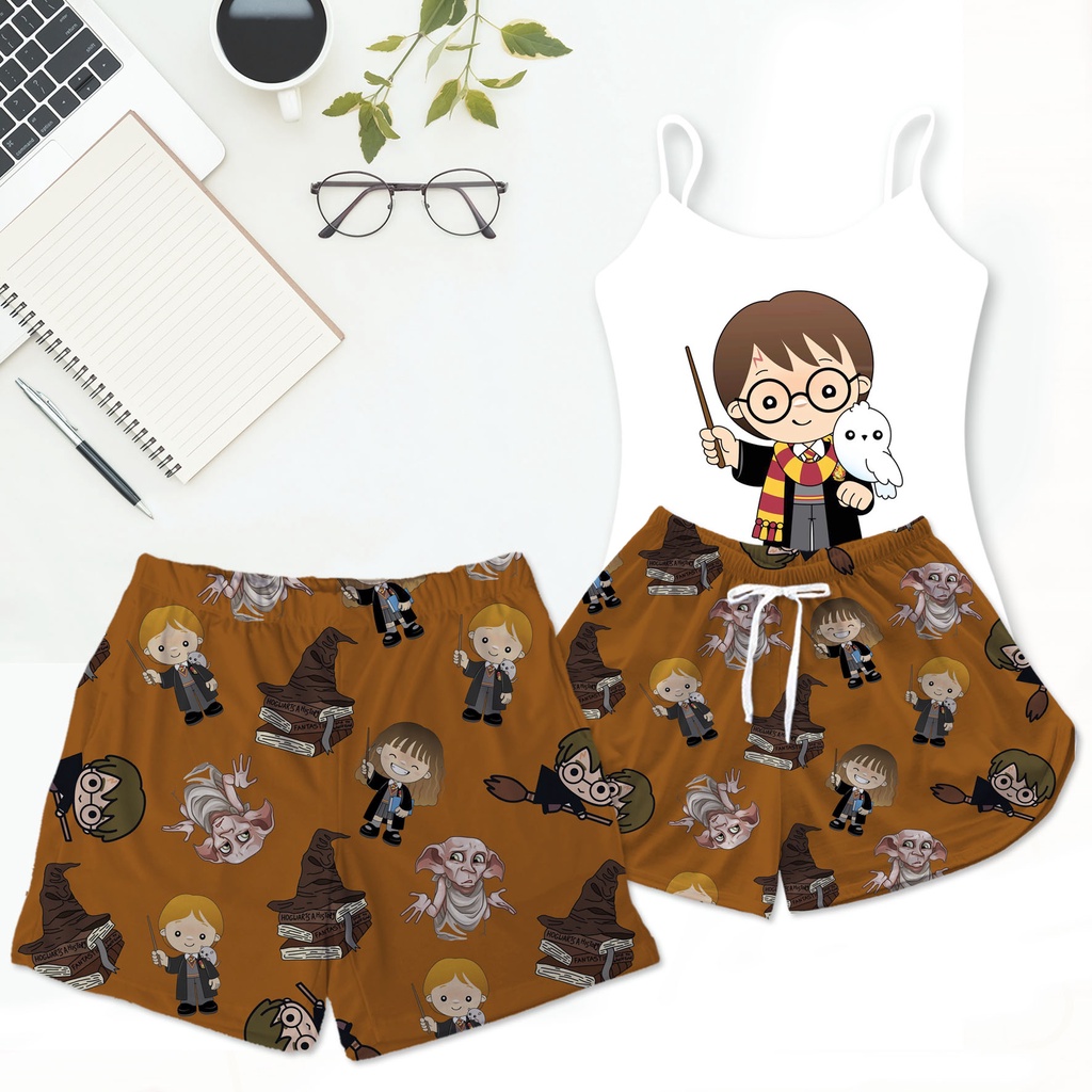 Pijama Casal Mozão Baby Doll Harry Potter e Bermuda Samba Canção Masculino