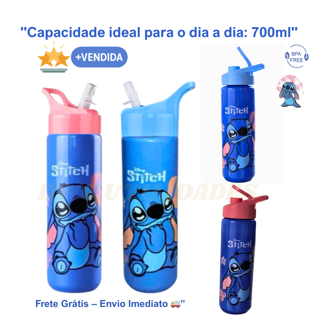 Garrafa Infantil Stitch Água Squeeze Garrafinha com Canudo Escolar Passeio
