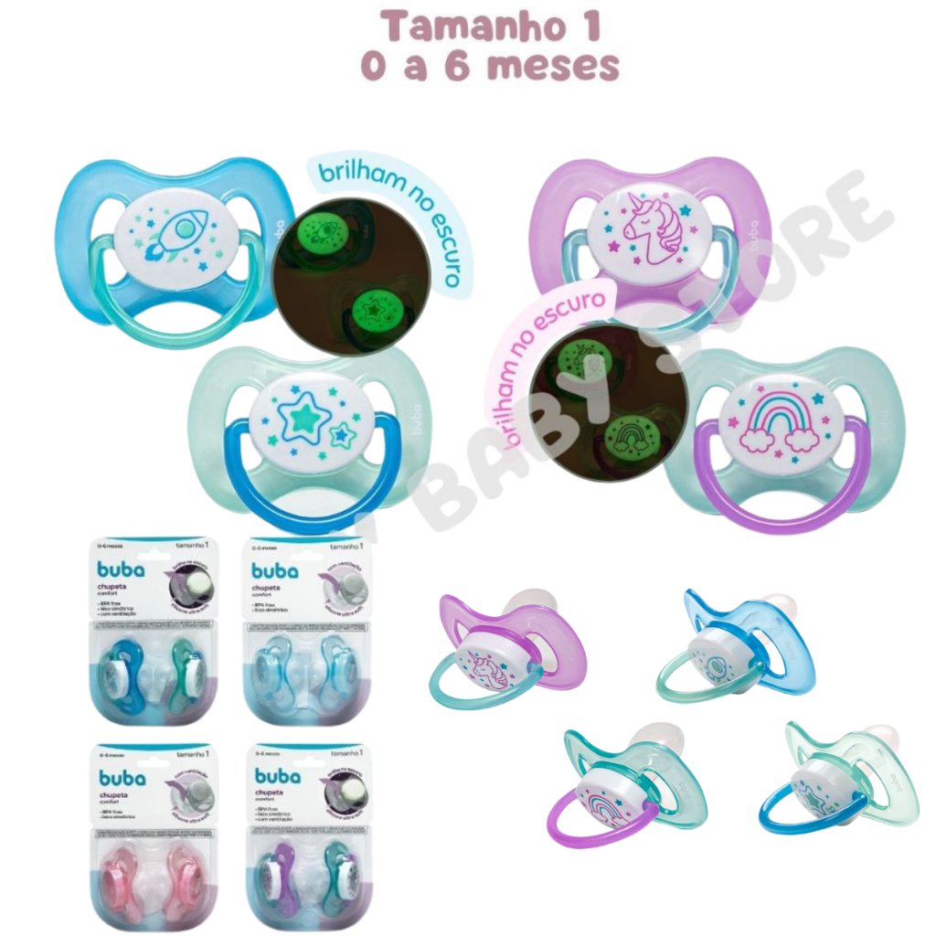 Kit Com 2 Chupetas Comfort Buba Bico Silicone Ultra Soft Simétrico Com Ventilação Fase 1 Tamanho 0 a