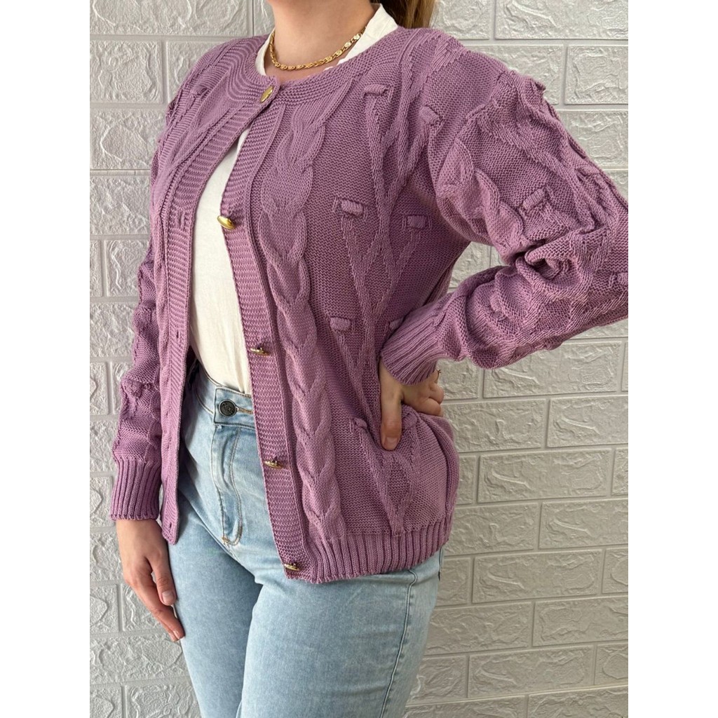 Casaco Feminino Tricot Cardigan Pompom e Tranças com Botões Dourados Casaco de Inverno Roupa de Frio