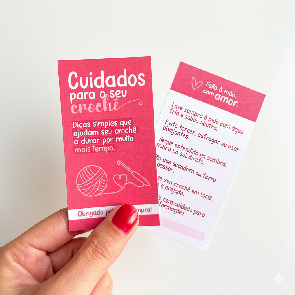 Cuidados com Crochê Cartão | Tag Informativa para Peças de Crochê e Artesanato