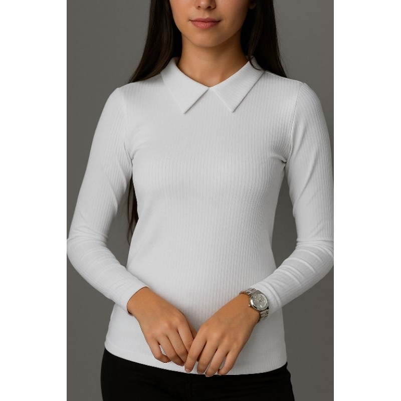 Camisa Blusa Feminina  Manga Longa Canelada -Segunda pele com Gola Social Moderna Elegante-Modesta