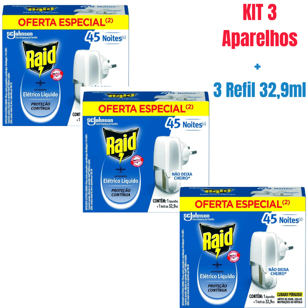 Kit 3 Aparelho Repelente Raid Elétrico + 3 Refil 45 Noites 32,9ml