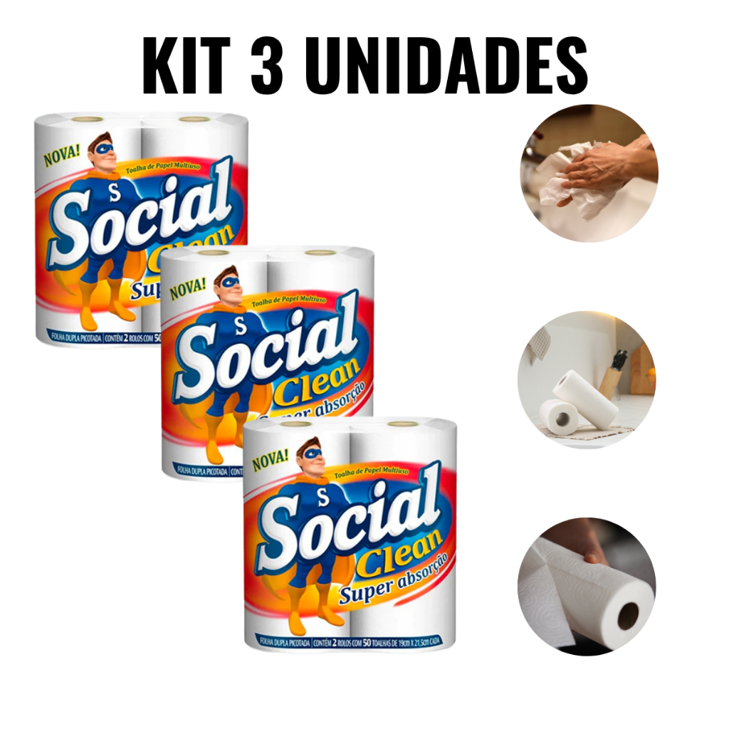 6 Rolos De Toalha De Papel Branco Picotado Para Cozinha – Social Clean 3 kits
