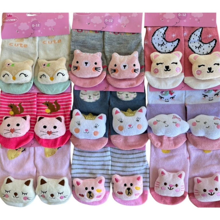 Kit 6 Pares Meia Infantil 3D Chocalho Antiderrapan