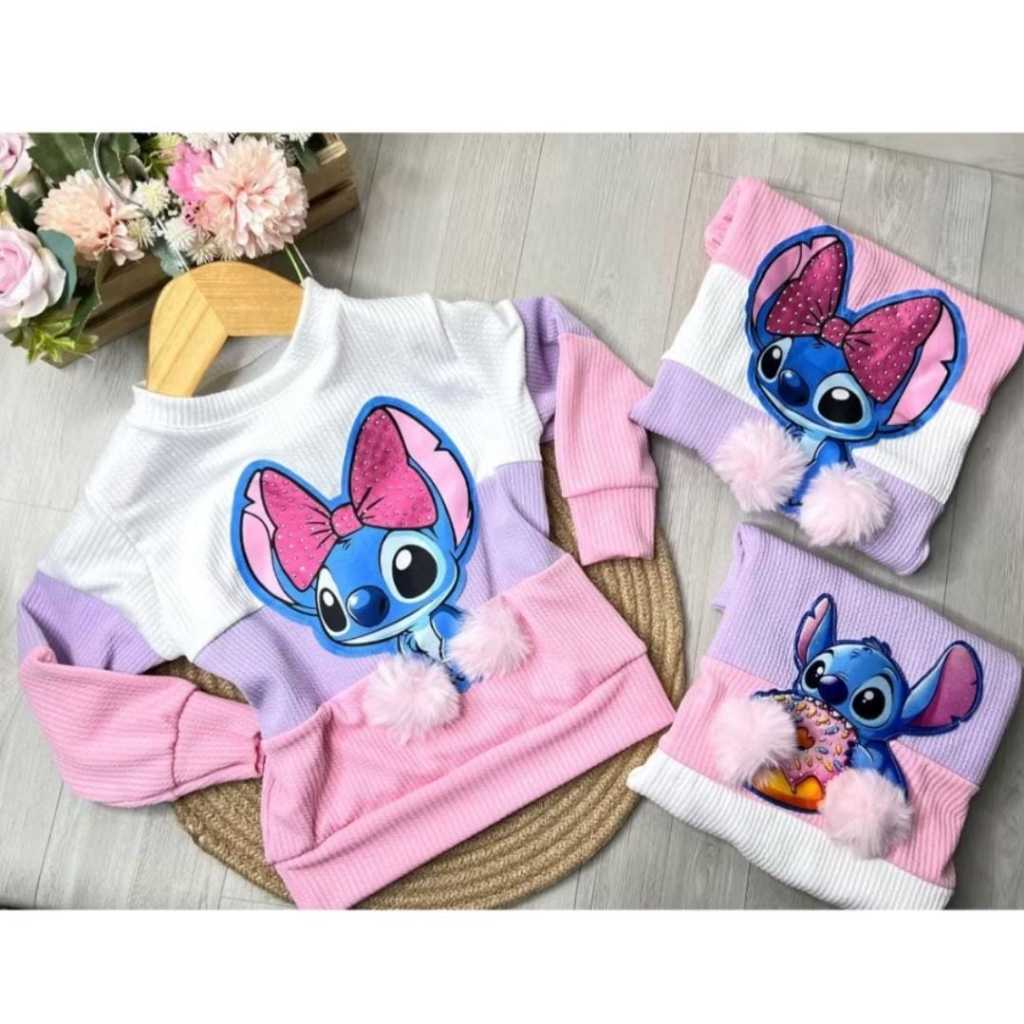 Blusa infantil de frio menina Stitch pompom moda blogueirinha lançamento
