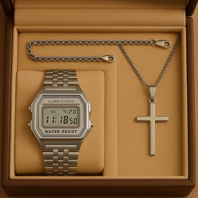 Kit Relógio Retrô + Corrente + Crucifixo Masculi