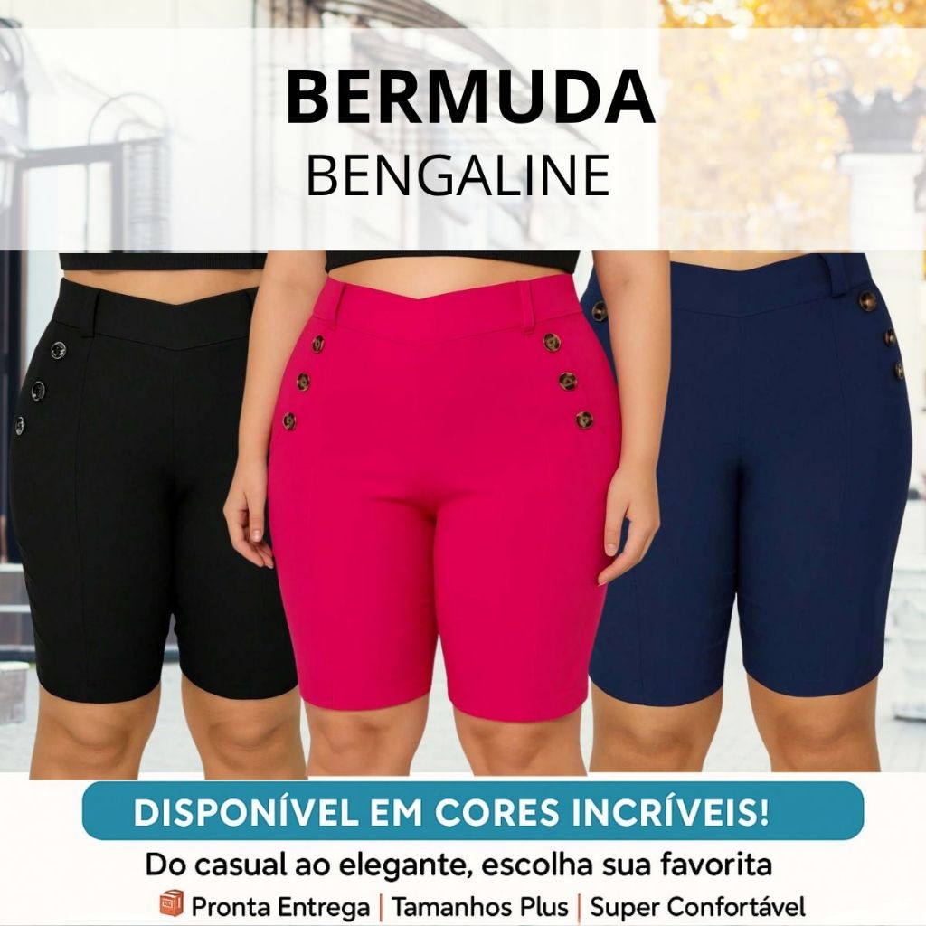 Bermuda Plus Size Social com Botões no Bolso em Bengaline Premium