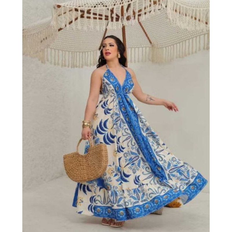 Vestido Feminino Longo Estilo Indiano Boho Chic estampado  Alças Amarração e Costas Nuas