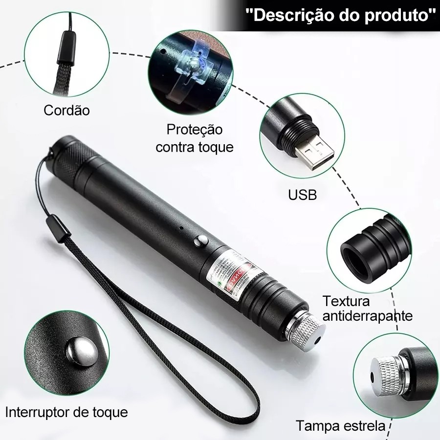 Ponteiro Laser Vermelho/Verde de Alta Potência , Feixe Forte e Visível, Portátil e Durável  Ideal pa