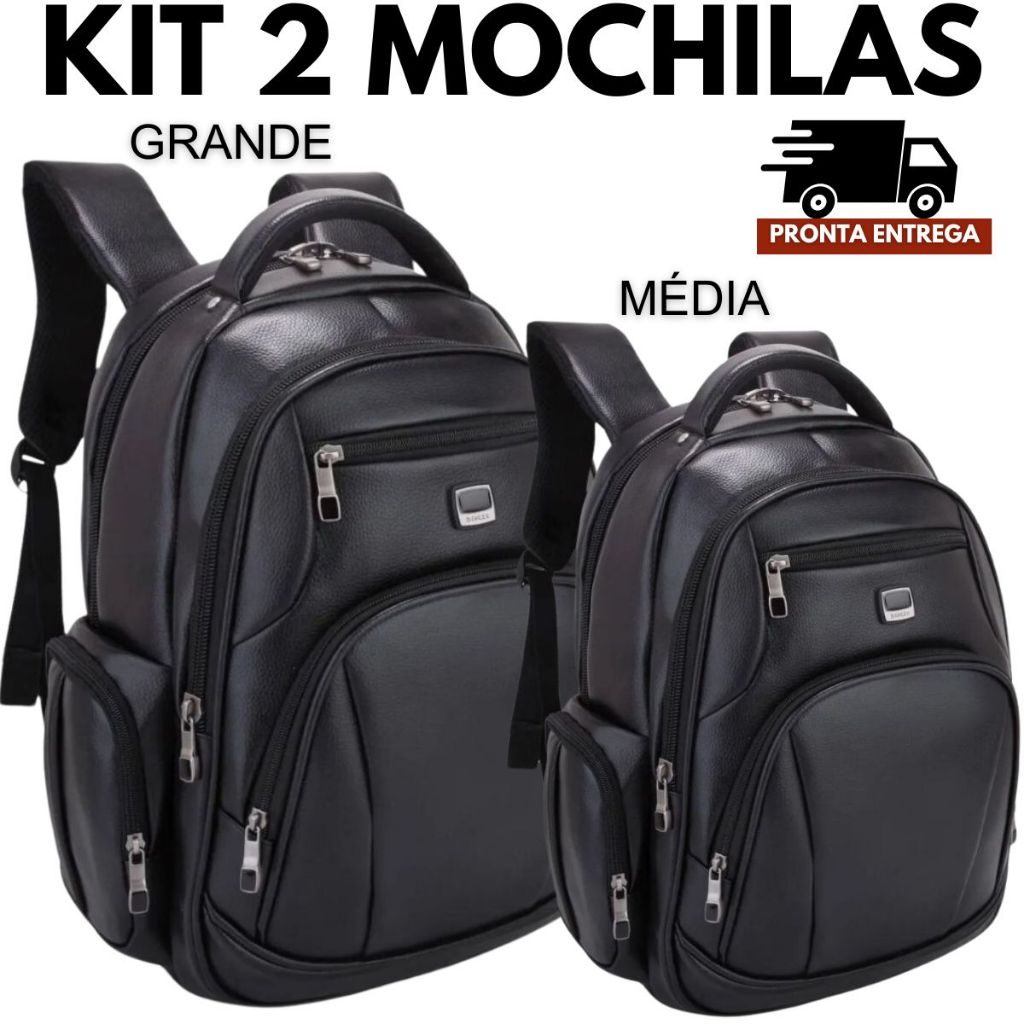 Kit 02 Mochilas Bolsa de Couro Média e Grande Unissex Trabalho Viagem