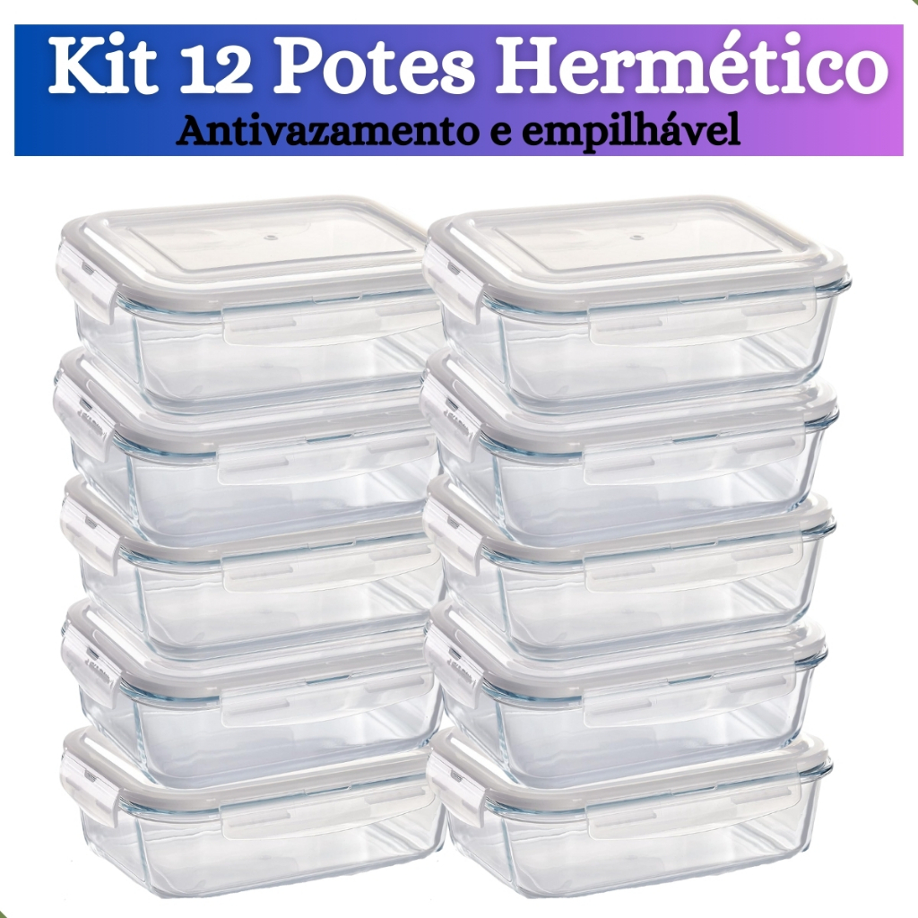 Kit de 3 até 12 Pote de Vidro hermético com tampa antivazamento 370 ml, 640, 1040 ml Marmita Papinha