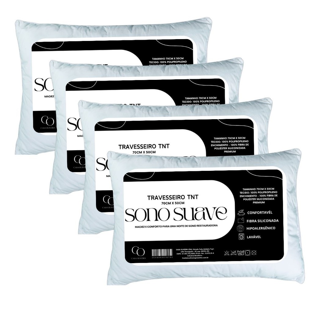 Kit 4 Travesseiros 50×70 Antialérgico 100% Fibra Siliconada Importada Lavável Macio TNT Luxo