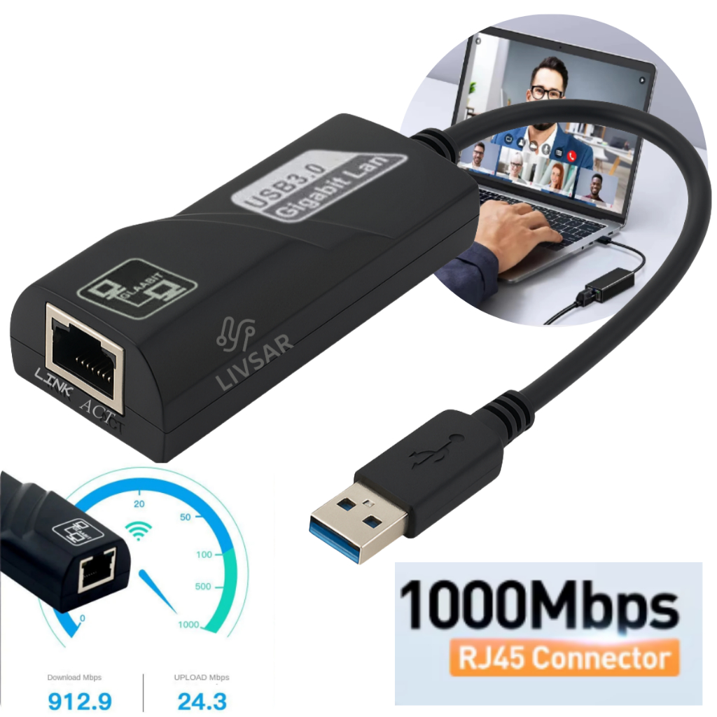 Adaptador USB 3.0 Para Rede RJ45 Gigabit Ethernet ate 480Mbps Alta Velocidade Para PC e Notebook