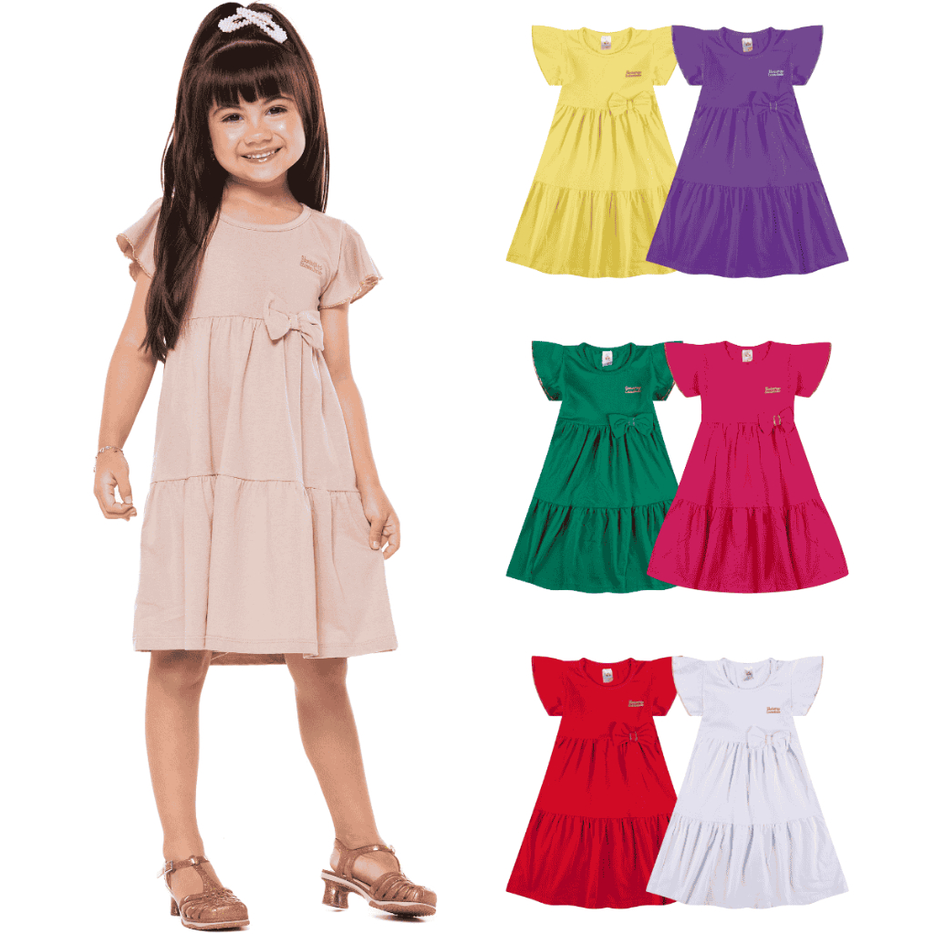 Kit 1, 3 ou 4 Vestido Infantil Menina Verão Três Marias 100% Algodão Com Laço Feminino Fofo Blogueir