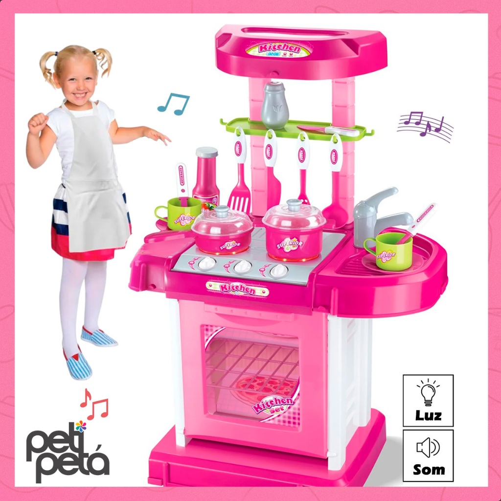 Cozinha Infantil Completa Pia Forno e Fogão Princesa Rosa Acessórios Coloridos Efeitos de Luz e Som