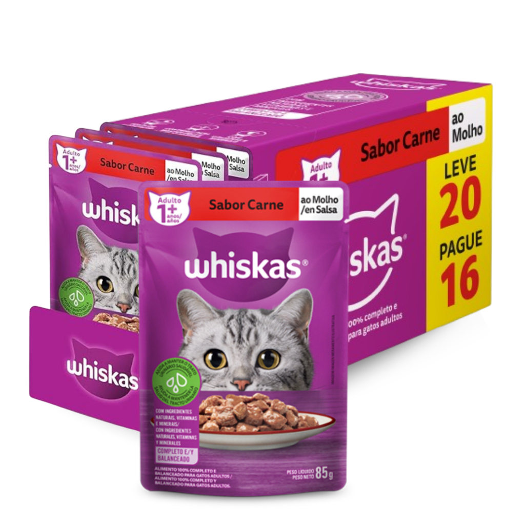 Kit 20 Sachês Whiskas Ração Úmida Sabor Carne para Gatos Adultos Caixa