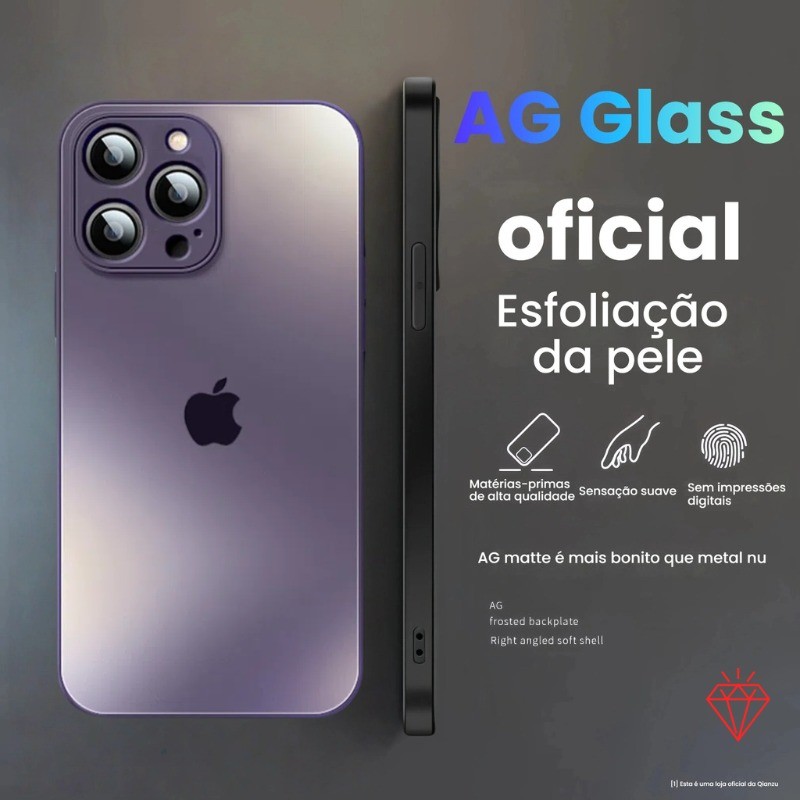 Capa capinha de vidro orgânico fosco AG glass para iPhone /14/15/16 Pro Max + Logo Espelhado